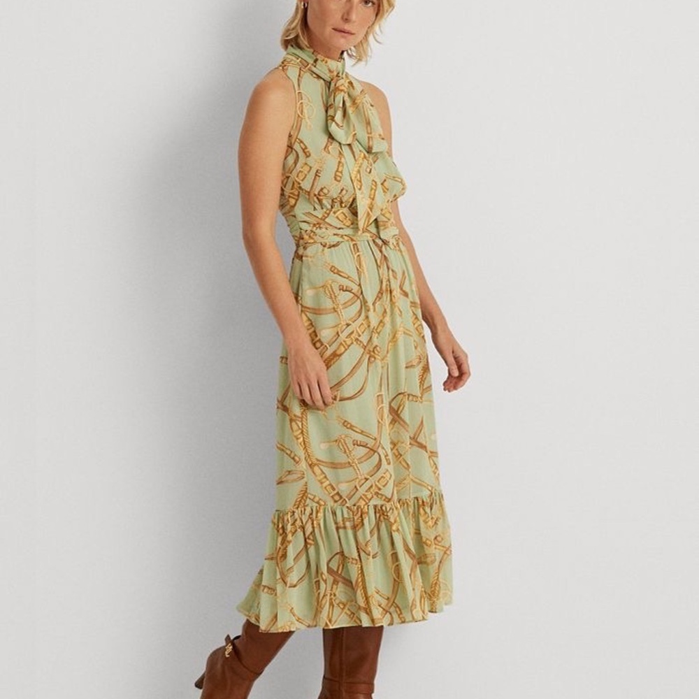 Lauren Ralph Lauren Equestrian Georgette Printed Midi Dress Green NWT 10